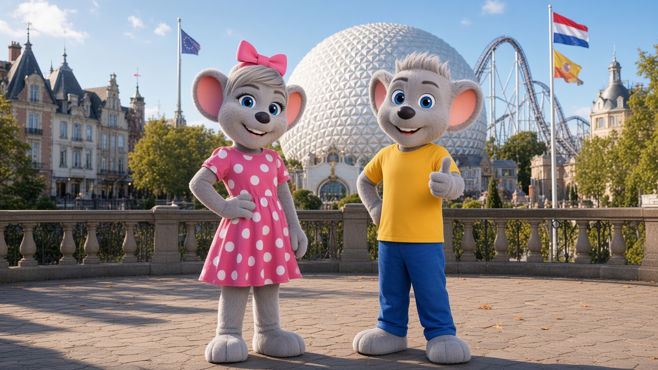 Two costumed characters in front of a domed building
