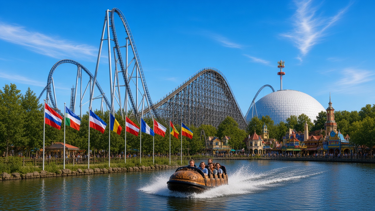 A splash boat on the Europa-Park lake, with a silver coaster, a wooden coaster, and the white dome behind a row of flags