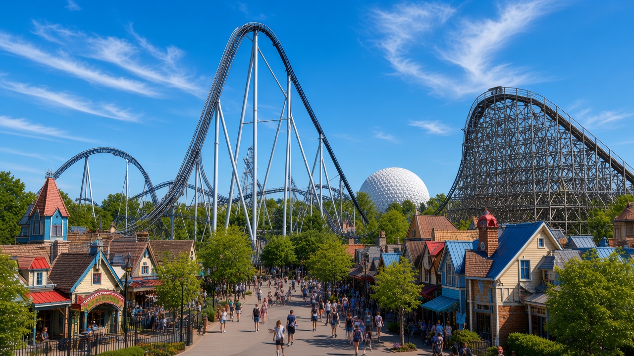 The silver coaster and the wooden coaster rising over a Europa-Park street, the white dome between them