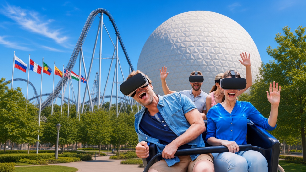Riders in virtual-reality headsets in front of the white dome, a silver coaster and flags beside them