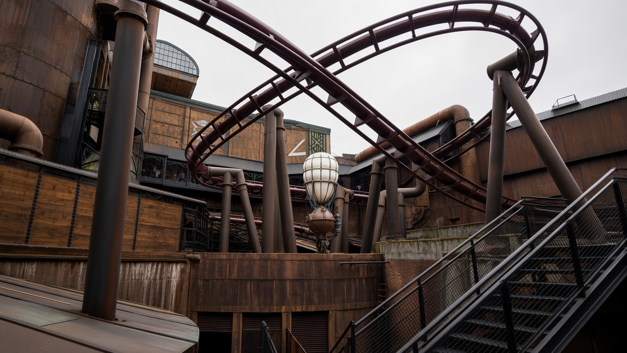 Rookburgh at Phantasialand, a steep themed district of dark roofs