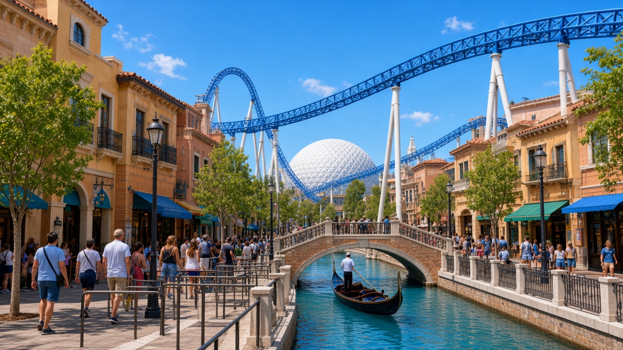 The Italian canal at Europa-Park, a gondola under a blue coaster, the white dome beyond the bridge