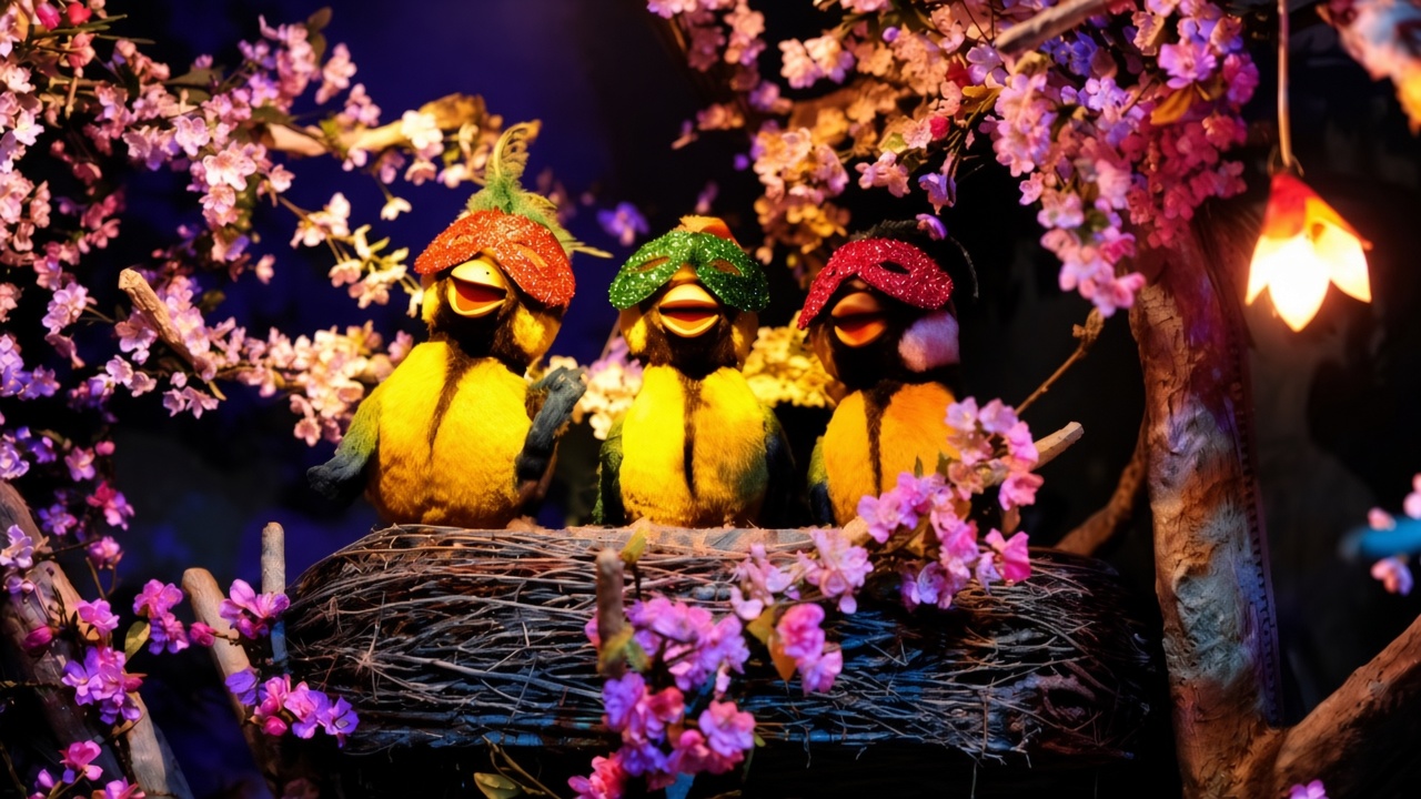 Three bird puppets in glitter masks sitting in a nest under pink blossom
