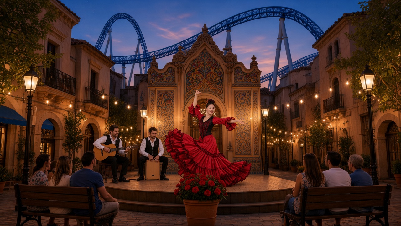 A dancer on an outdoor stage in the Spanish street, a blue coaster above the roofs