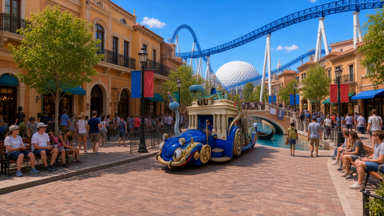 A blue parade float on the Italian street at Europa-Park, a blue coaster and the white dome behind it