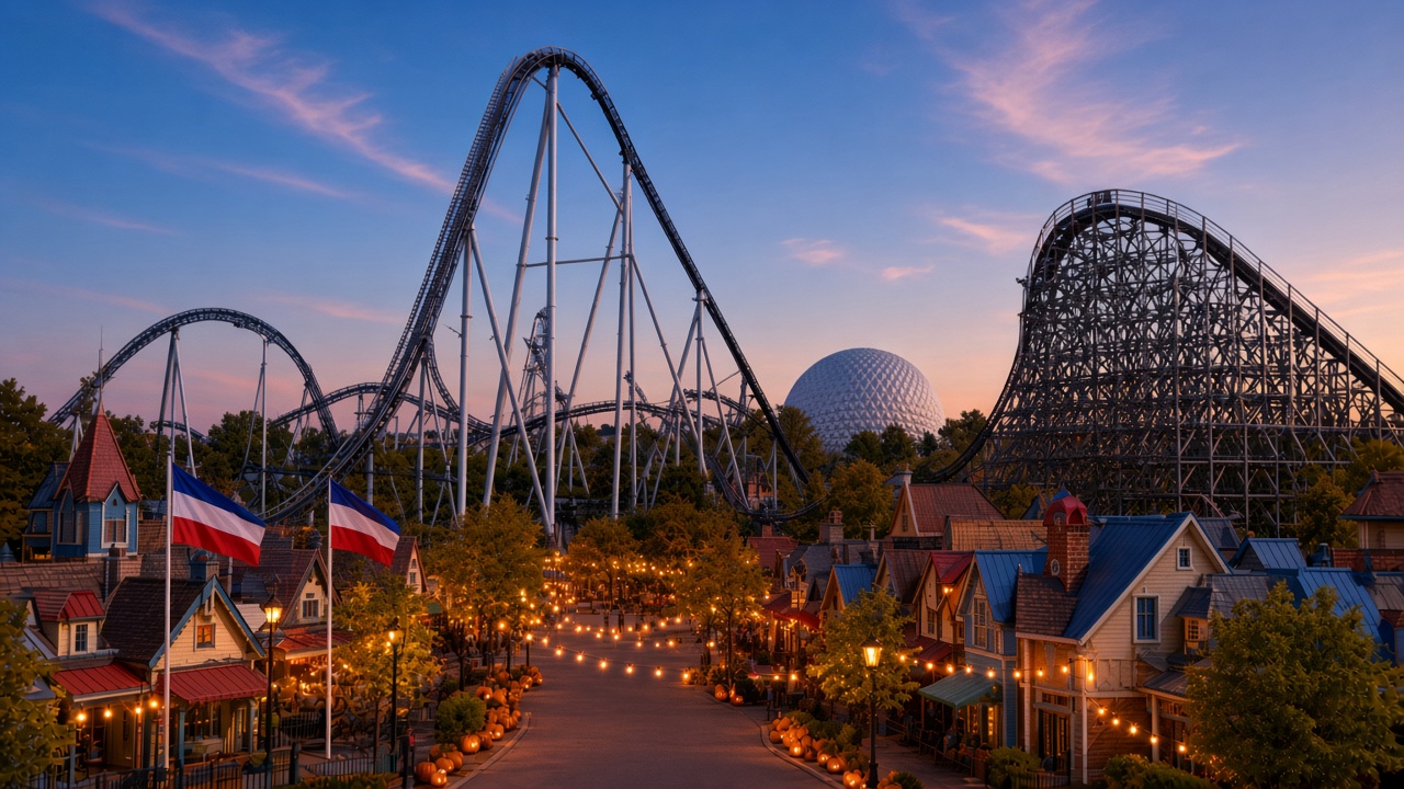 Europa-Park at dusk dressed for Halloween, pumpkins along the street, the silver coaster, wooden coaster, and white dome behind