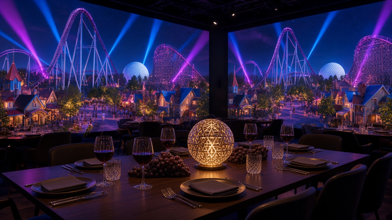 Three glass-sphere plates on a long table, with the park projected across the dining-room wall
