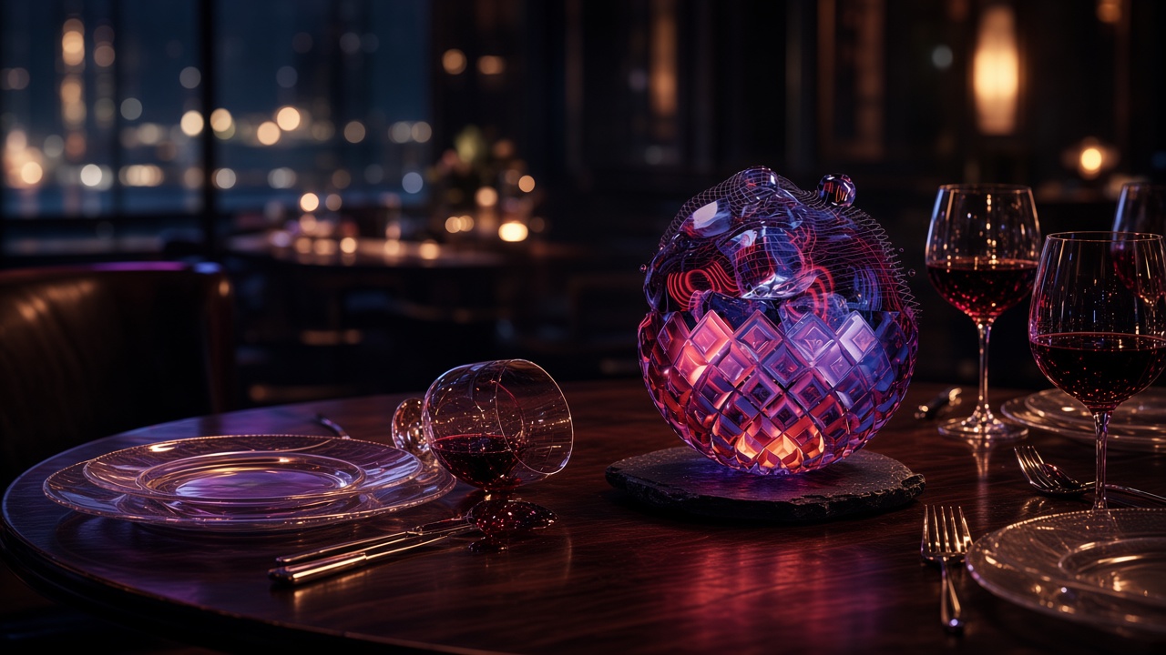 A glowing lattice sphere, the late Eatrenalin plate, pink and orange on a dark ground