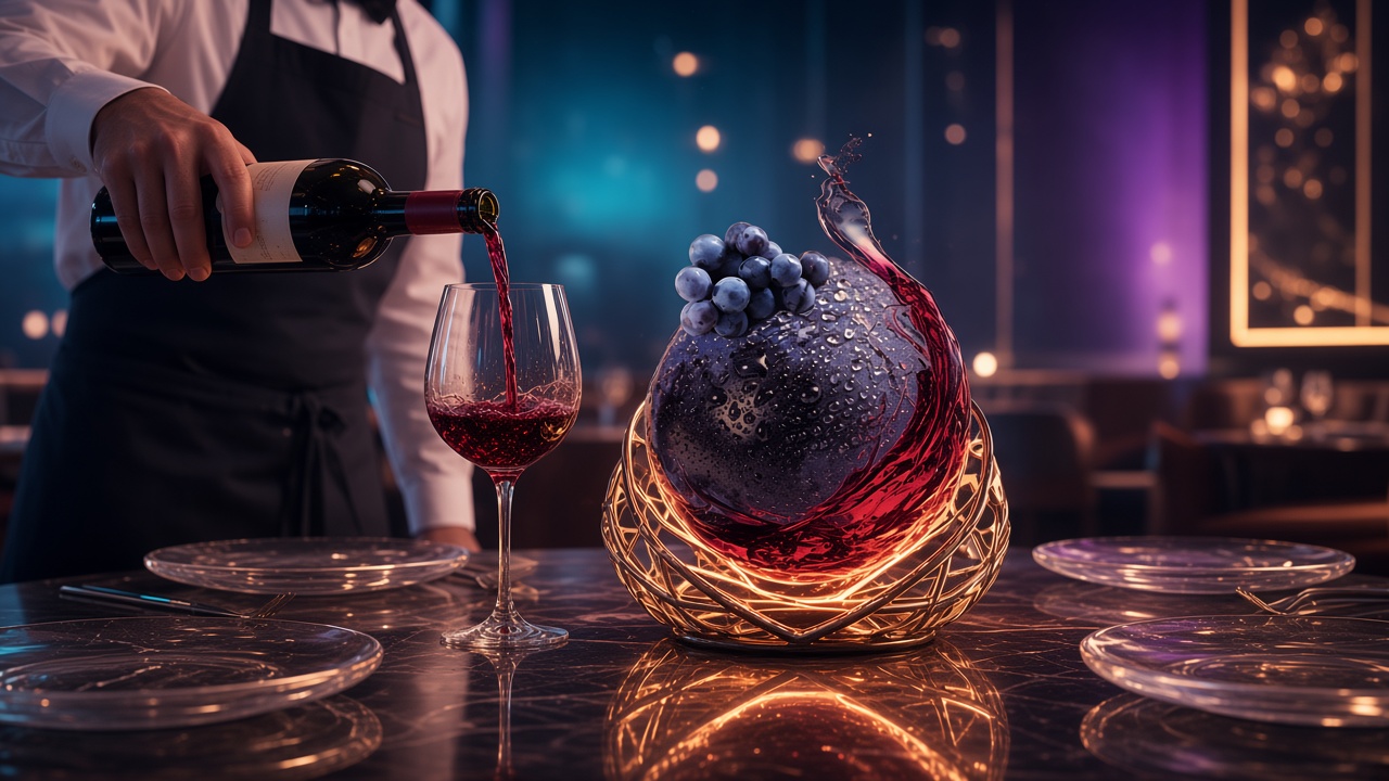 Grapes on a dark sphere with a splash of red wine