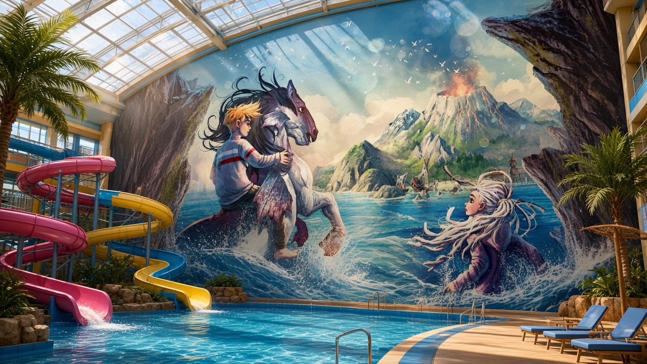 A painted Rulantica scene: a rider on a pale horse in the surf, a white-haired figure in the water, and a volcano beyond