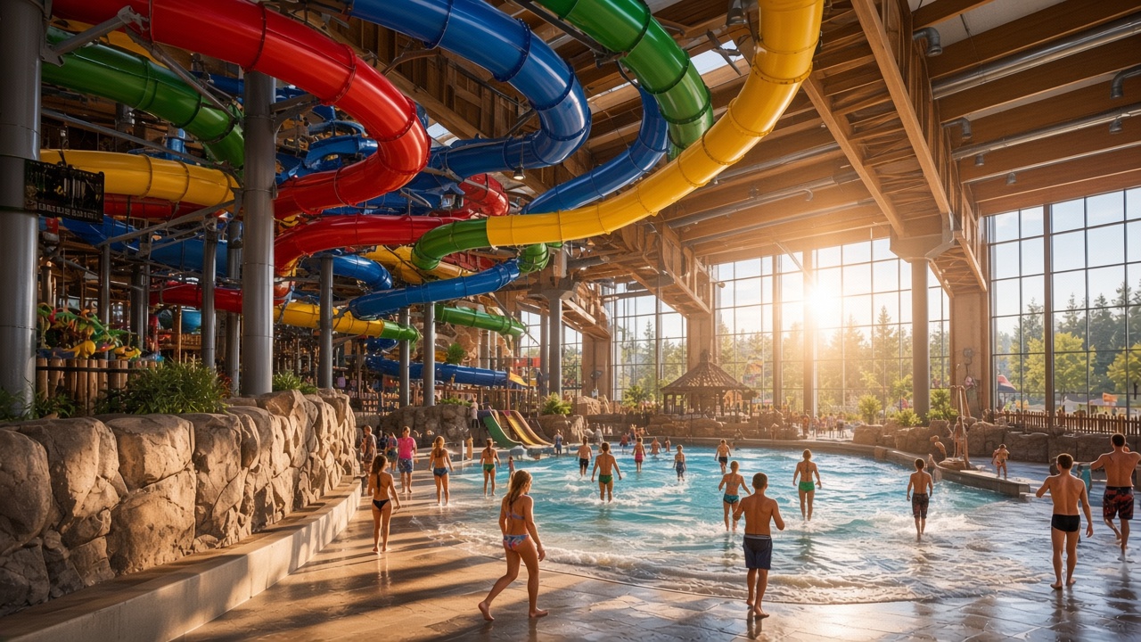 Rulantica’s day hall, with slides under a bright indoor roof