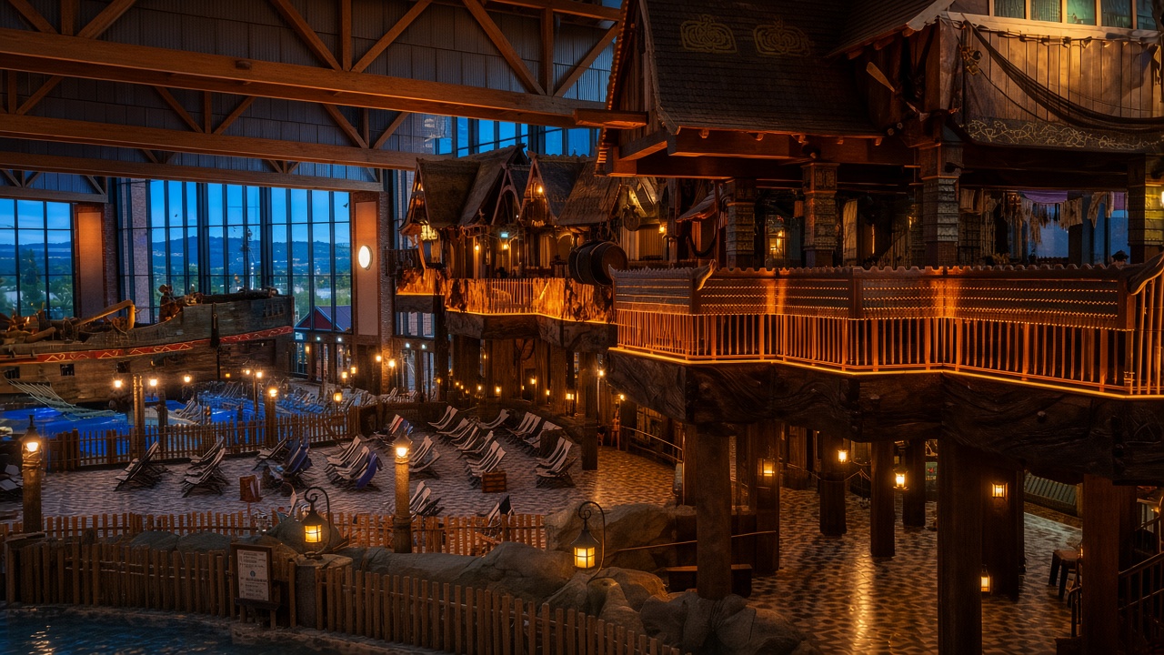 Rulantica at dusk: timber galleries, lounge chairs, and warm lamps inside the water hall