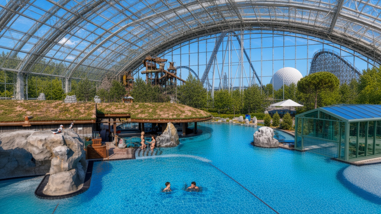 Rulantica’s outdoor pool and grass roof, with Europa-Park’s silver coaster and white dome beyond the trees